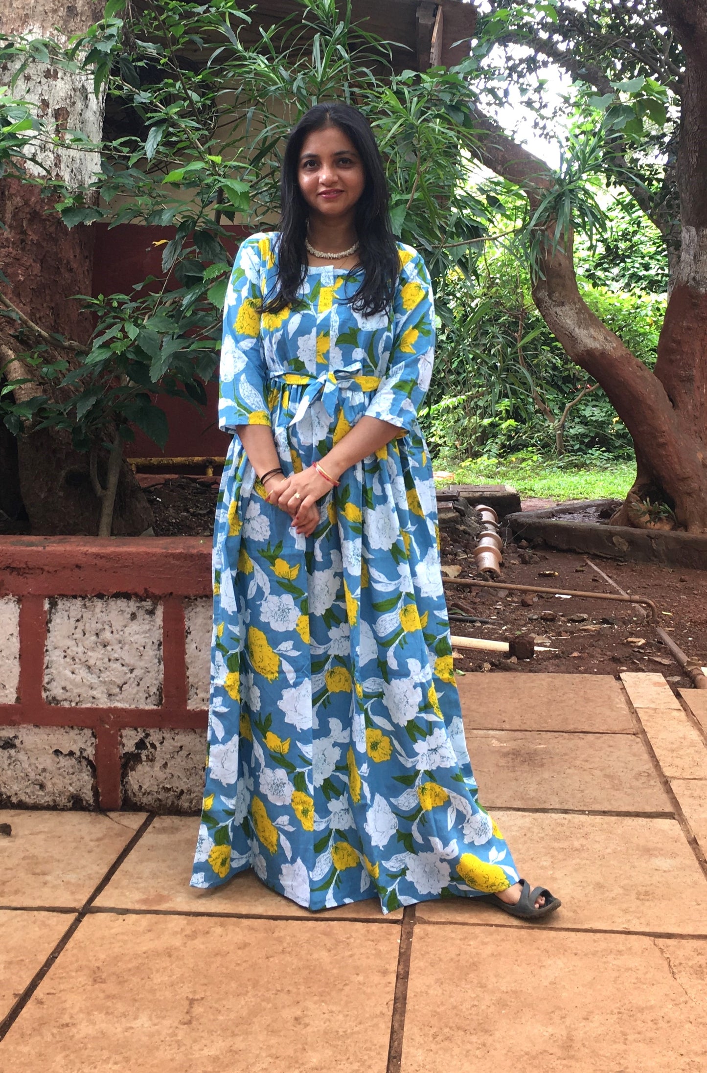 MIx Flower Sky Blue - Maternity Kurti with Feeding Zips - Cotton Flex - Thicker Fabric