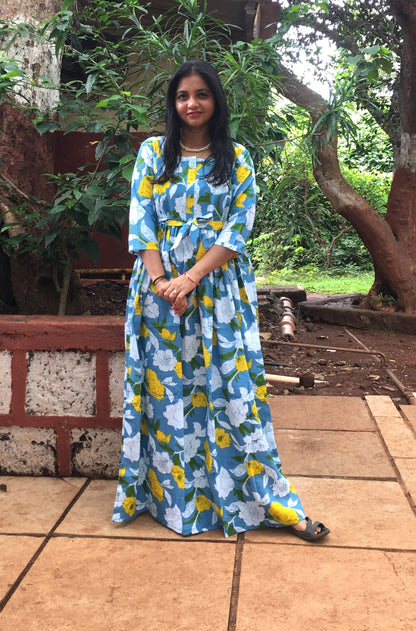 MIx Flower Sky Blue - Maternity Kurti with Feeding Zips - Cotton Flex - Thicker Fabric