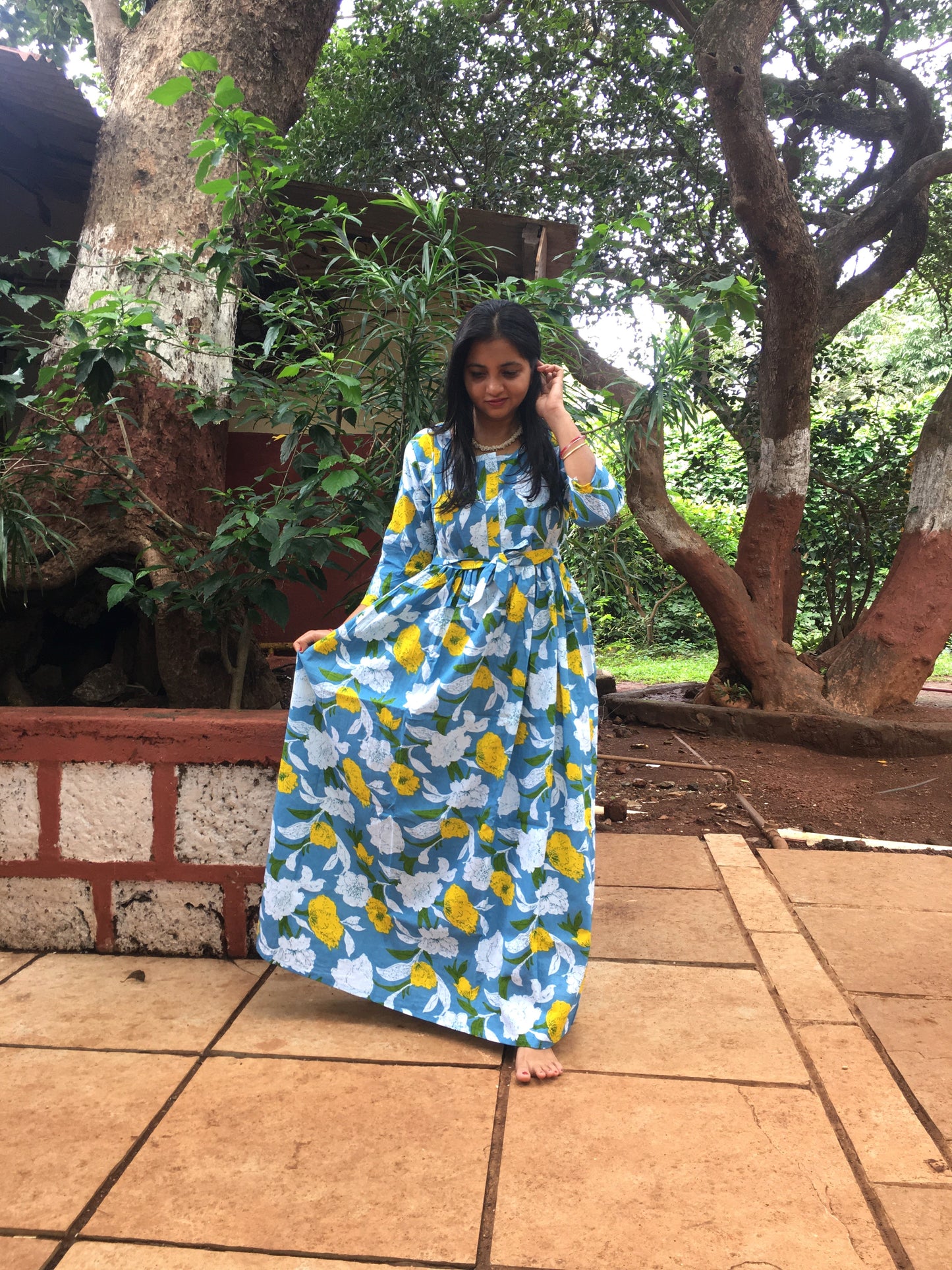MIx Flower Sky Blue - Maternity Kurti with Feeding Zips - Cotton Flex - Thicker Fabric