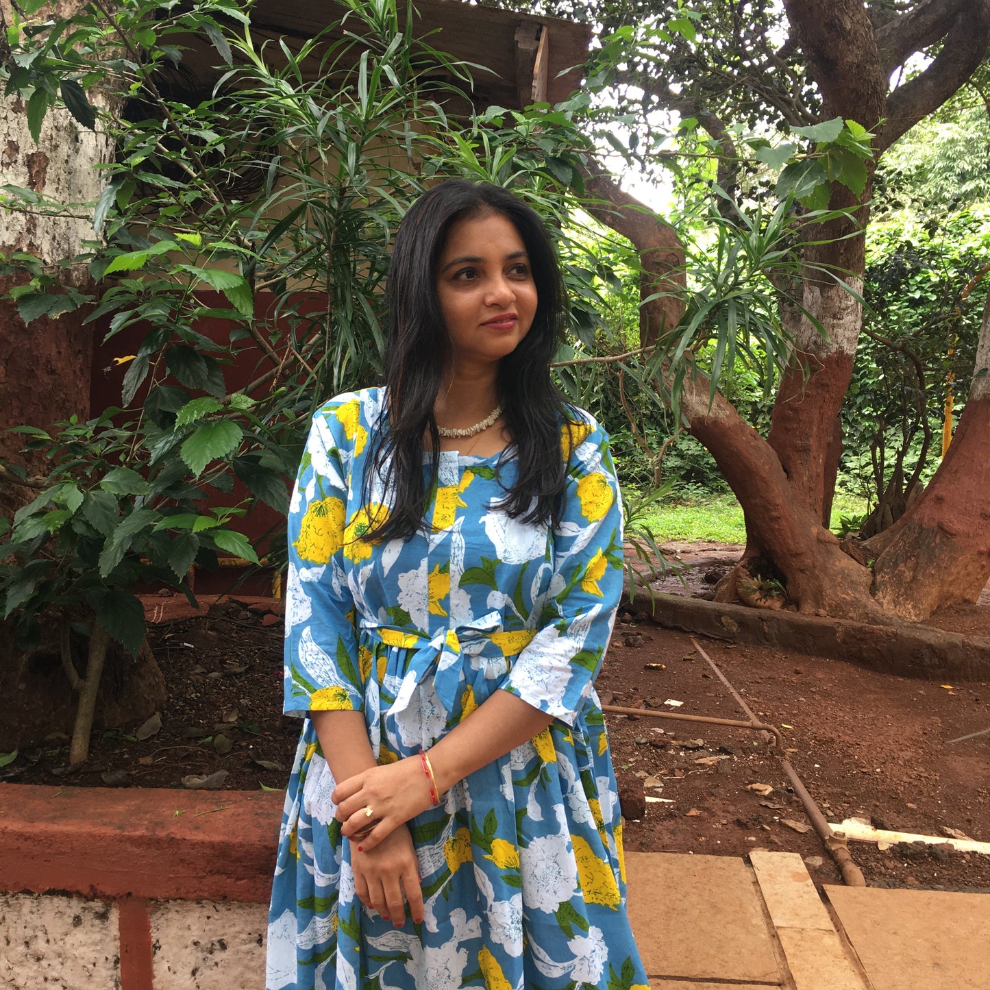MIx Flower Sky Blue - Maternity Kurti with Feeding Zips - Cotton Flex - Thicker Fabric
