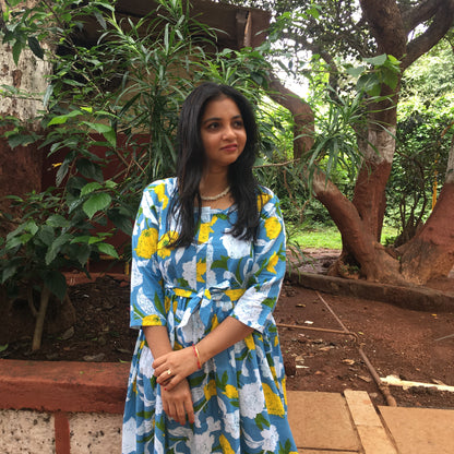 MIx Flower Sky Blue - Maternity Kurti with Feeding Zips - Cotton Flex - Thicker Fabric