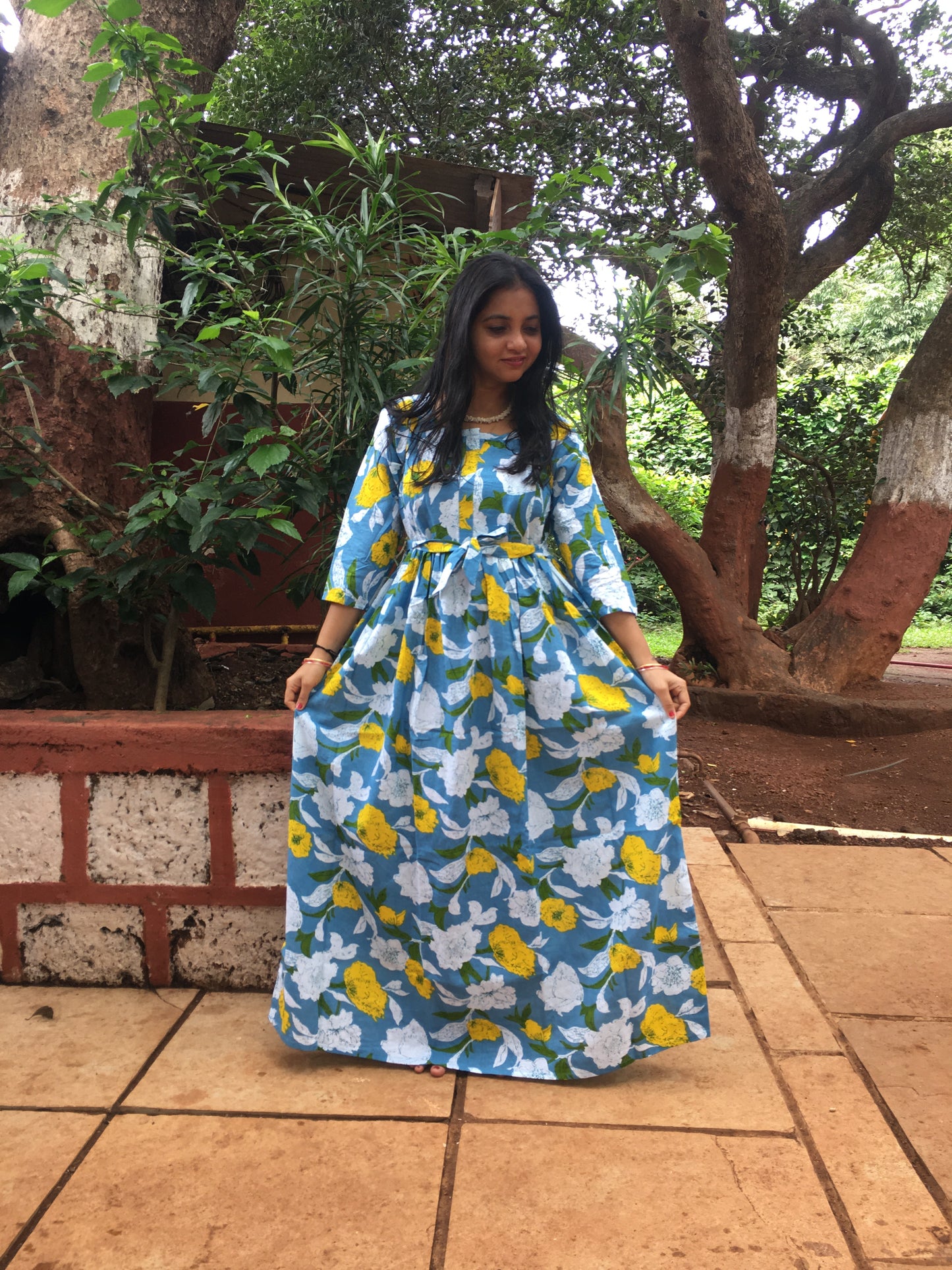 MIx Flower Sky Blue - Maternity Kurti with Feeding Zips - Cotton Flex - Thicker Fabric