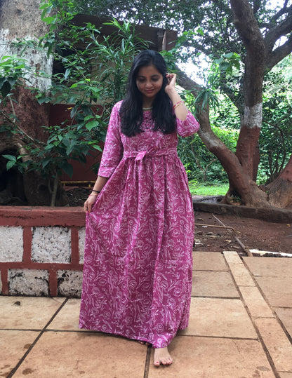 Rose Print - Pink - Maternity Kurti with Feeding Zips - Cotton Flex - Thicker Fabric