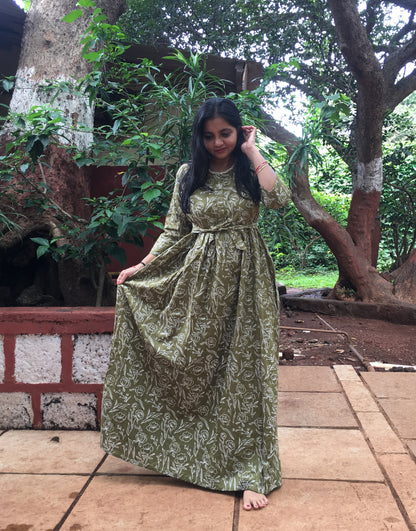 Rose Print - Green - Maternity Kurti with Feeding Zips - Cotton Flex - Thicker Fabric