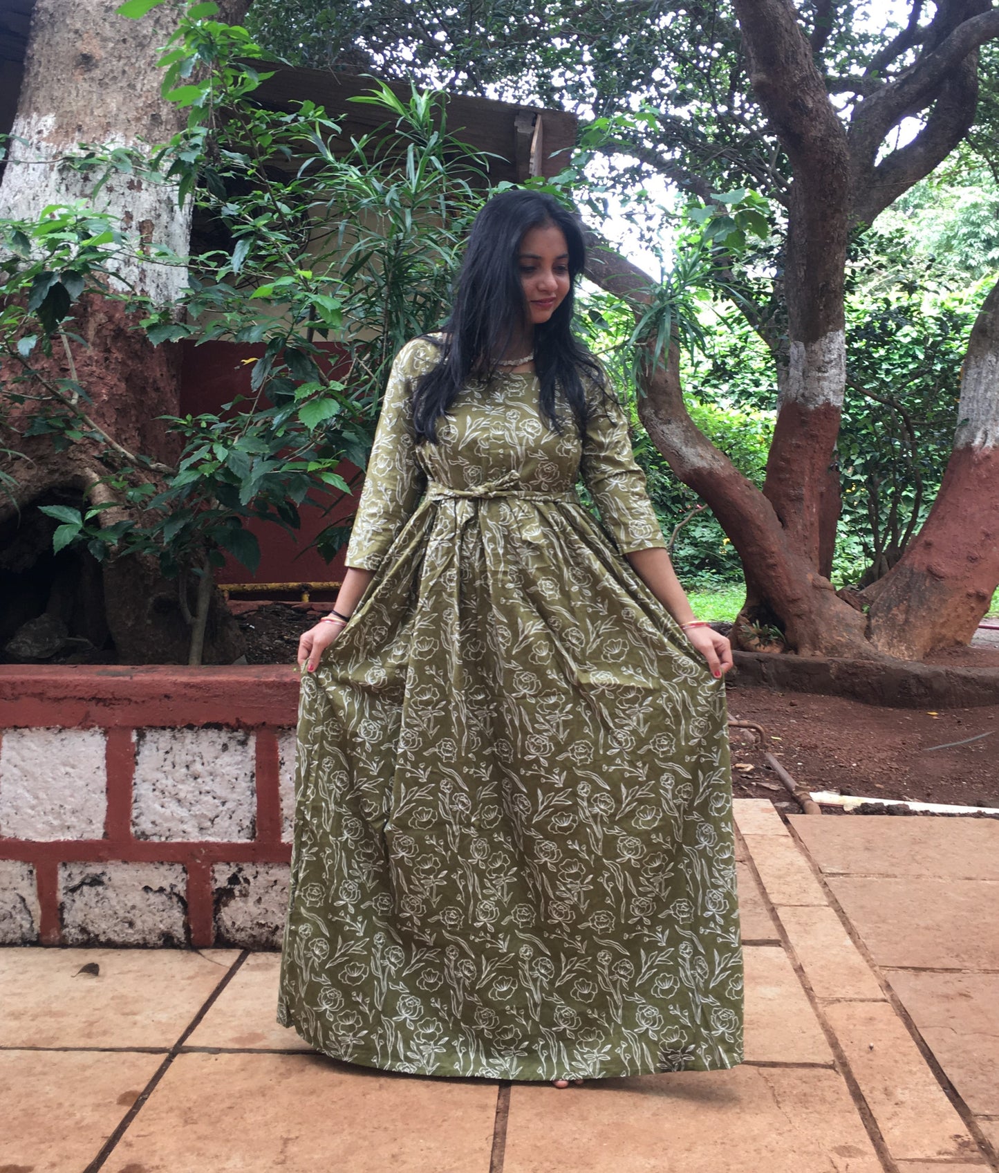 Rose Print - Green - Maternity Kurti with Feeding Zips - Cotton Flex - Thicker Fabric