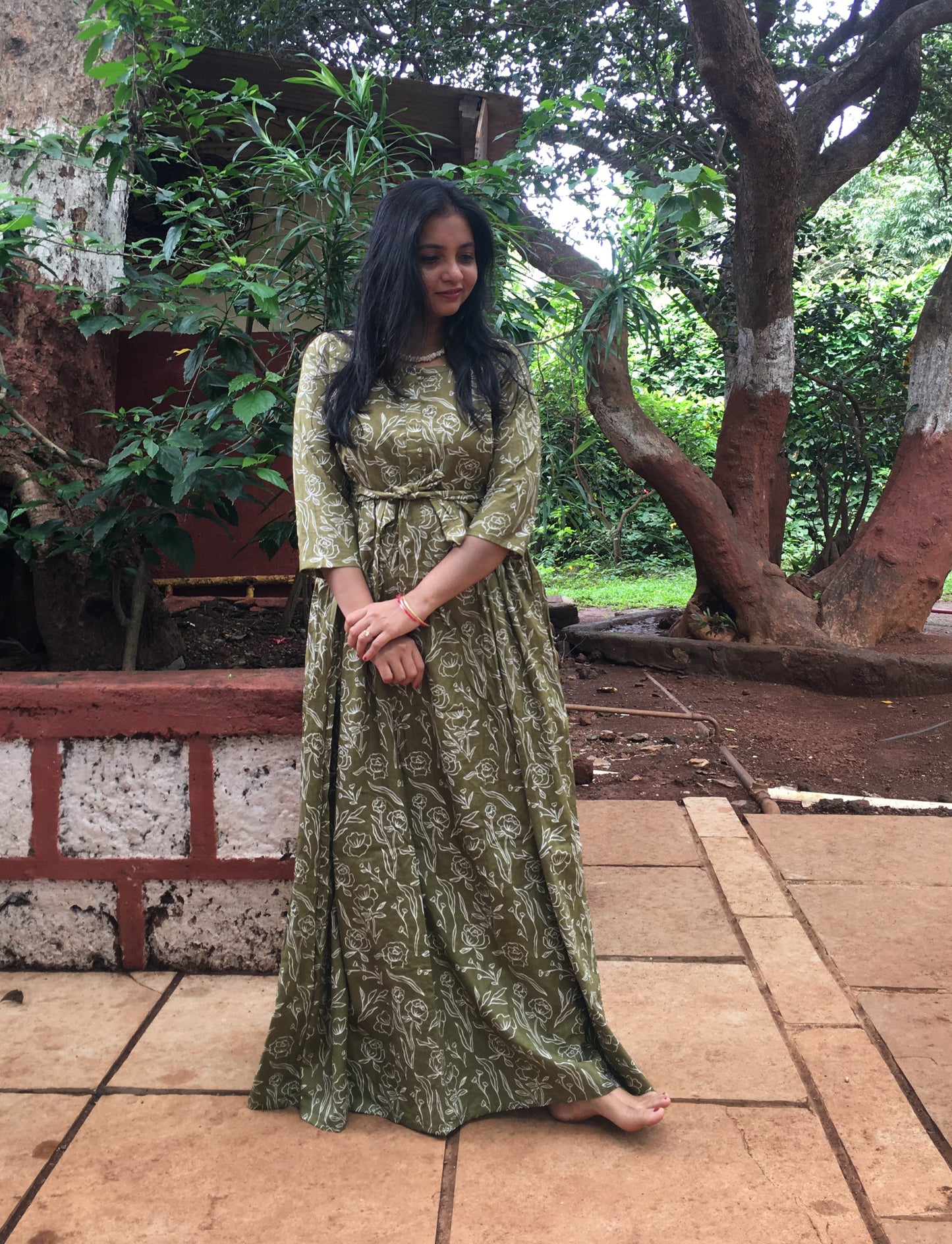 Rose Print - Green - Maternity Kurti with Feeding Zips - Cotton Flex - Thicker Fabric