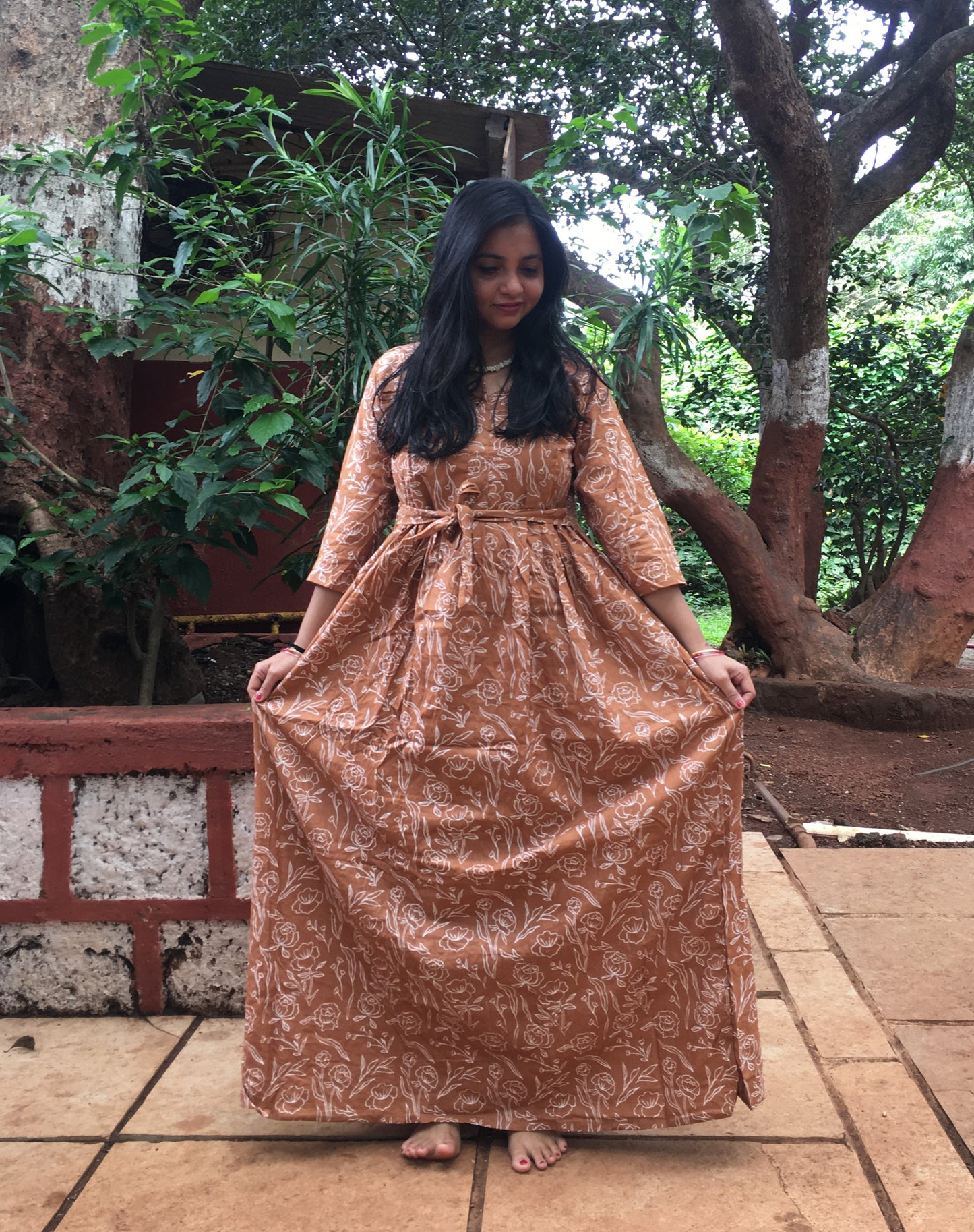 Rose Print - Brown - Maternity Kurti with Feeding Zips - Cotton Flex - Thicker Fabric