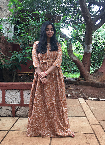 Rose Print - Brown - Maternity Kurti with Feeding Zips - Cotton Flex - Thicker Fabric