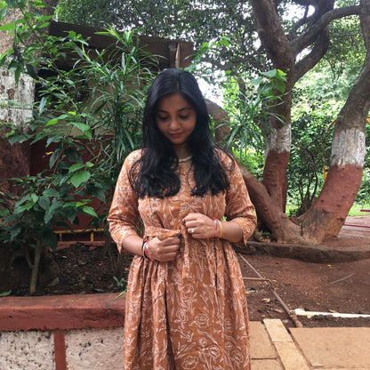 Rose Print - Brown - Maternity Kurti with Feeding Zips - Cotton Flex - Thicker Fabric