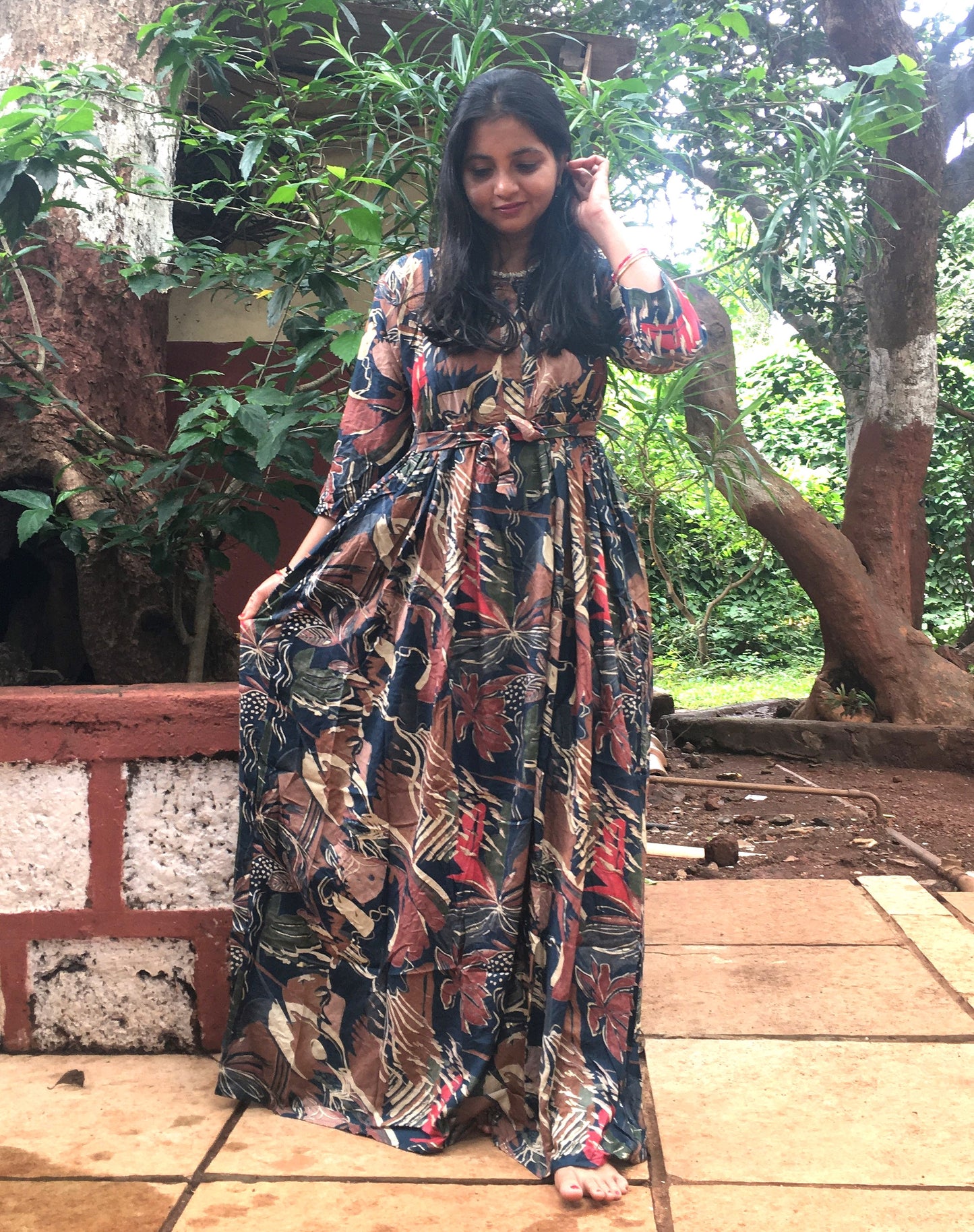 Multi Flower - Peacock Blue Brown - Maternity Kurti with Feeding Zips - Soft Rayon