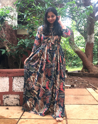 Multi Flower - Peacock Blue Brown - Maternity Kurti with Feeding Zips - Soft Rayon