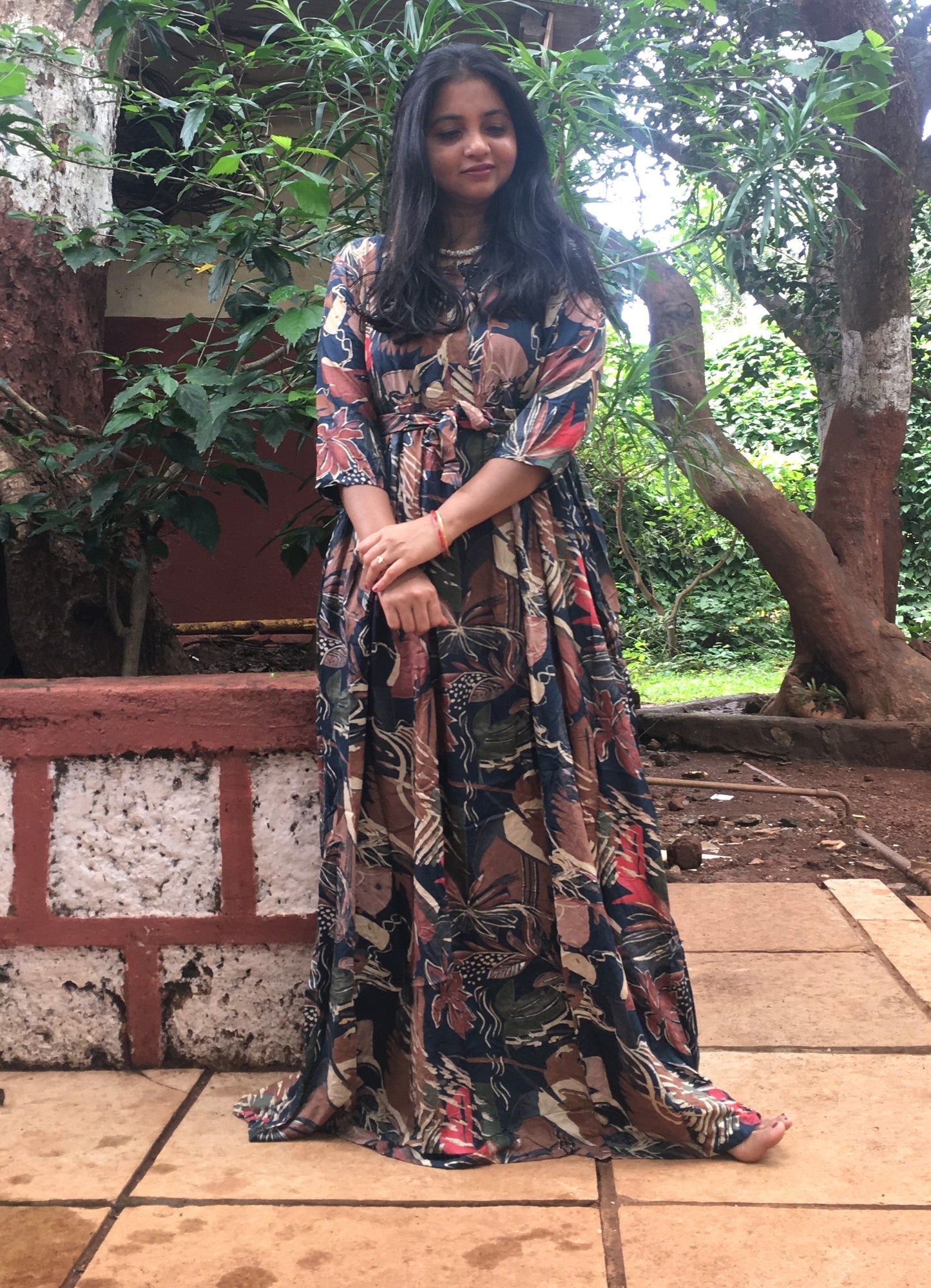 Multi Flower - Peacock Blue Brown - Maternity Kurti with Feeding Zips - Soft Rayon