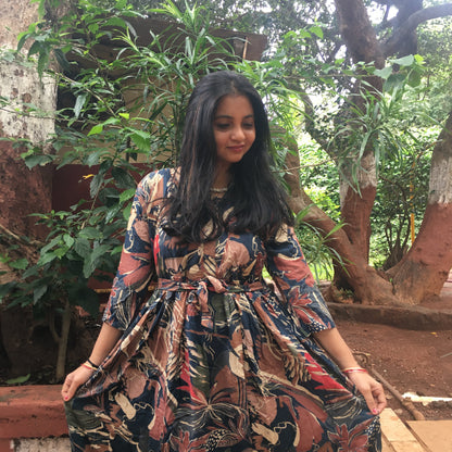 Multi Flower - Peacock Blue Brown - Maternity Kurti with Feeding Zips - Soft Rayon