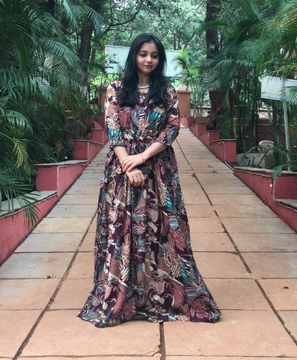 Multi Flower - Purple Brown - Maternity Kurti with Feeding Zips - Soft Rayon