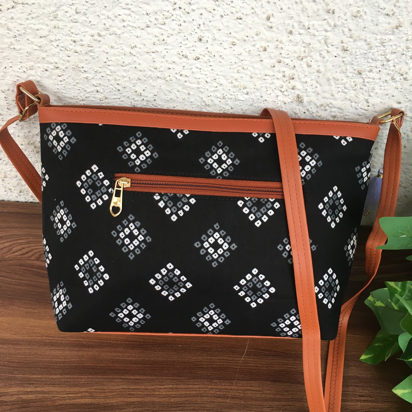 Minsk - 3 zip- Big size - Sling Bag - Black Square Bandhani