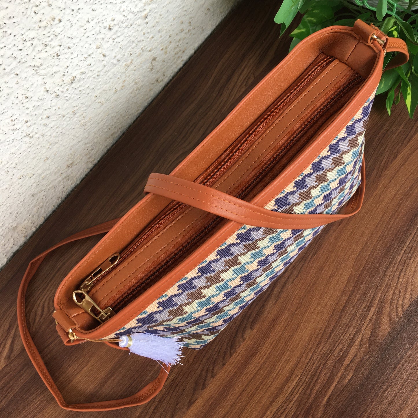 Minsk - 3 zip- Big size - Sling Bag - Checks Blue Brown