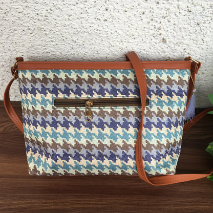 Minsk - 3 zip- Big size - Sling Bag - Checks Blue Brown