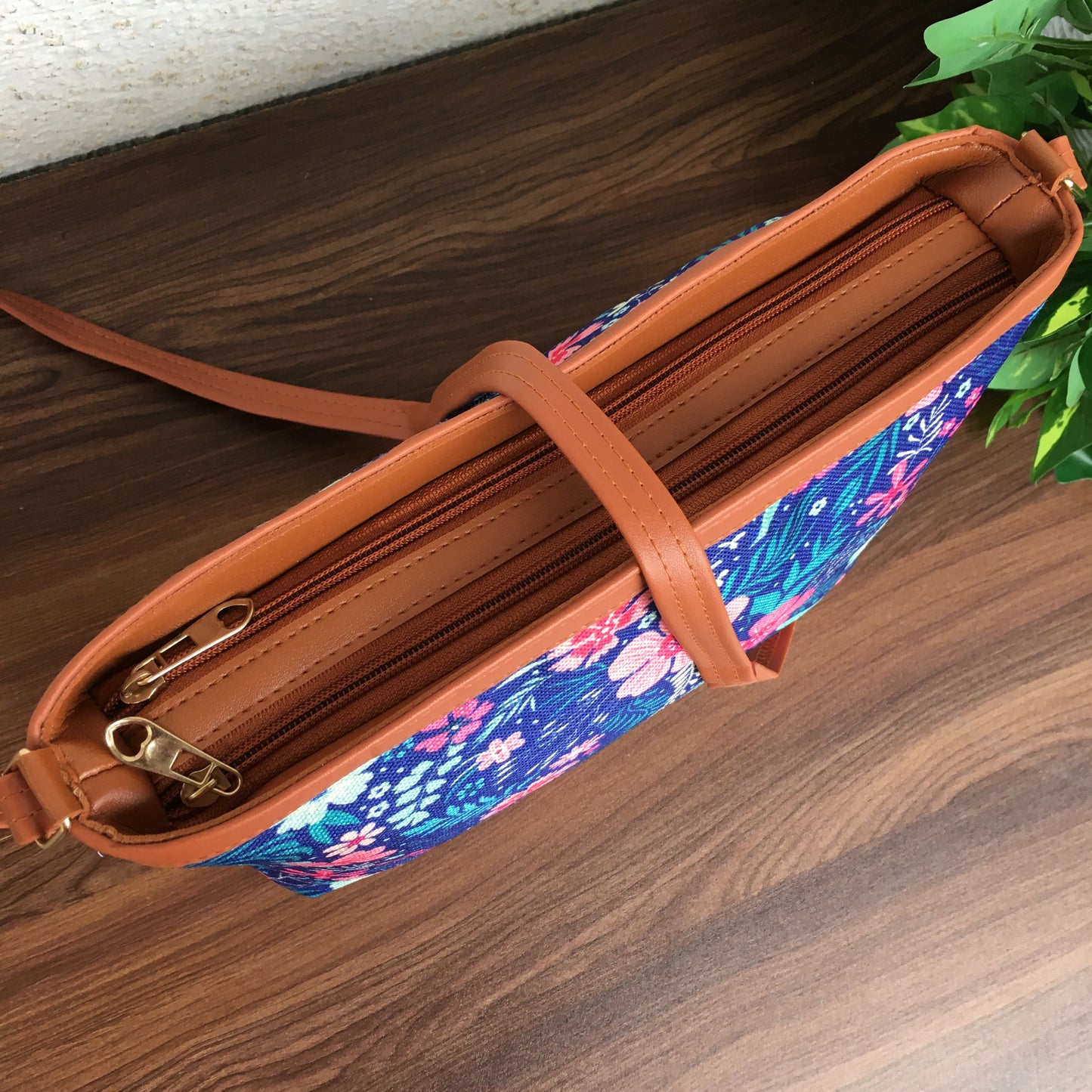 Minsk - 3 zip- Big size - Sling Bag - Blue Pink Flower