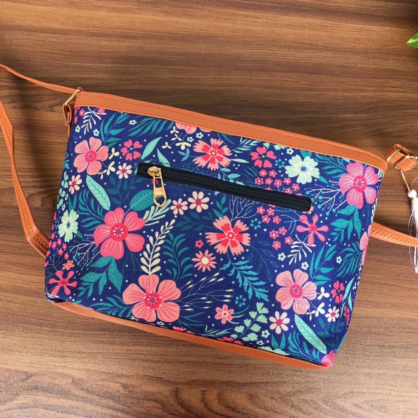 Minsk - 3 zip- Big size - Sling Bag - Blue Pink Flower