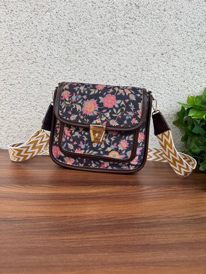 Feista - Black Garden - 4 Zips - pockets sling bag with Aztec Belt