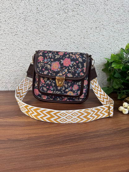 Feista - Black Garden - 4 Zips - pockets sling bag with Aztec Belt