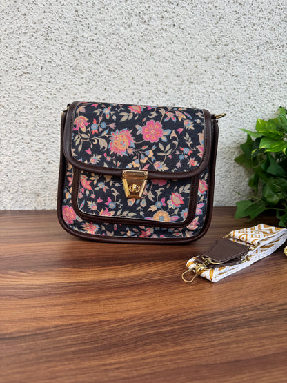 Feista - Black Garden - 4 Zips - pockets sling bag with Aztec Belt