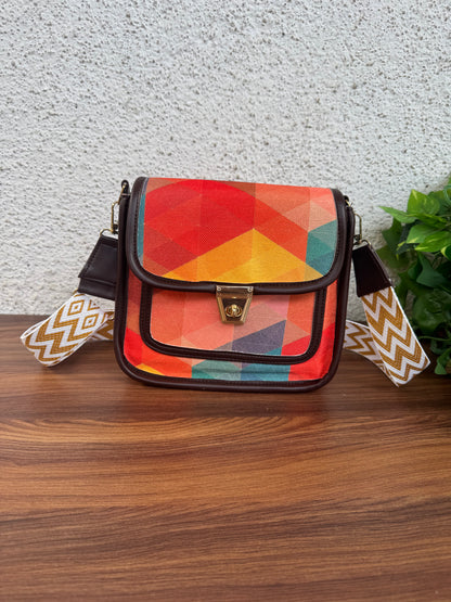 Feista - Orange Abstract - 4 Zips - pockets sling bag with Aztec Belt