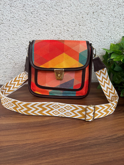 Feista - Orange Abstract - 4 Zips - pockets sling bag with Aztec Belt