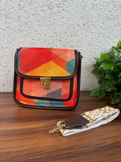 Feista - Orange Abstract - 4 Zips - pockets sling bag with Aztec Belt
