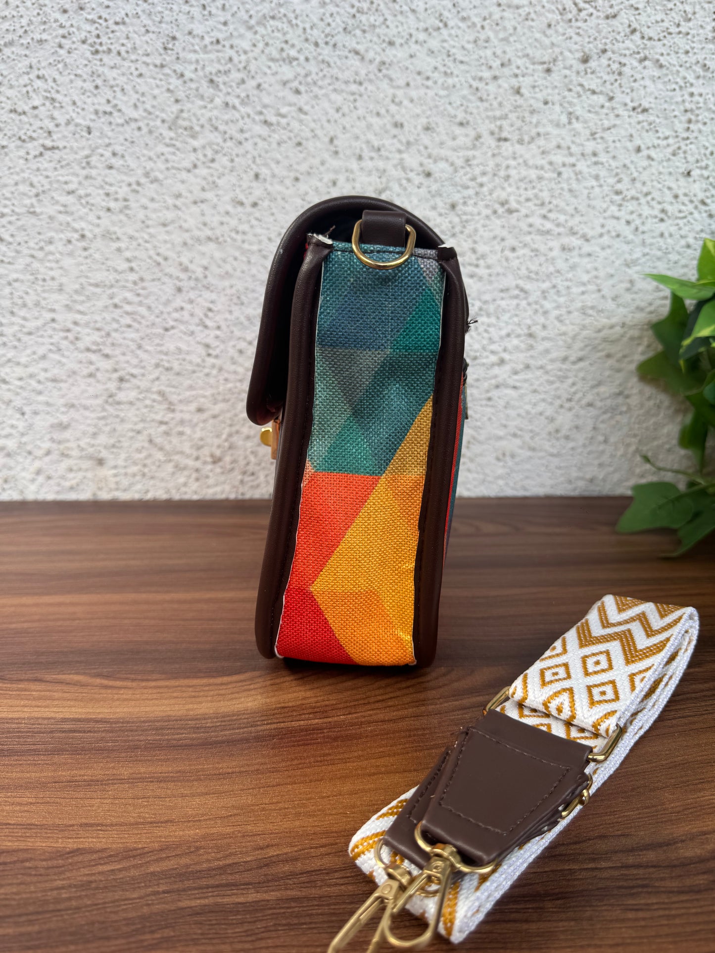 Feista - Orange Abstract - 4 Zips - pockets sling bag with Aztec Belt