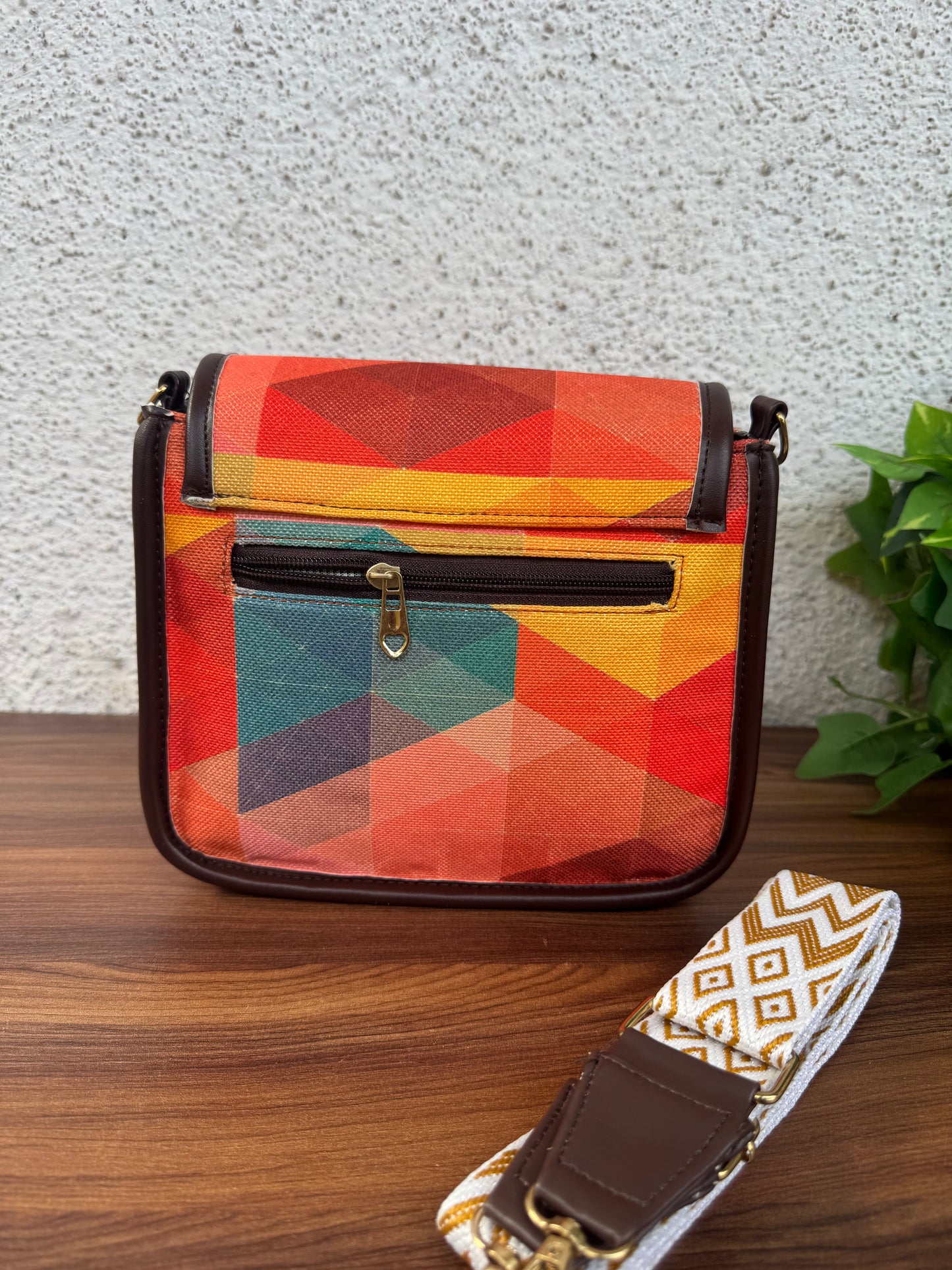 Feista - Orange Abstract - 4 Zips - pockets sling bag with Aztec Belt