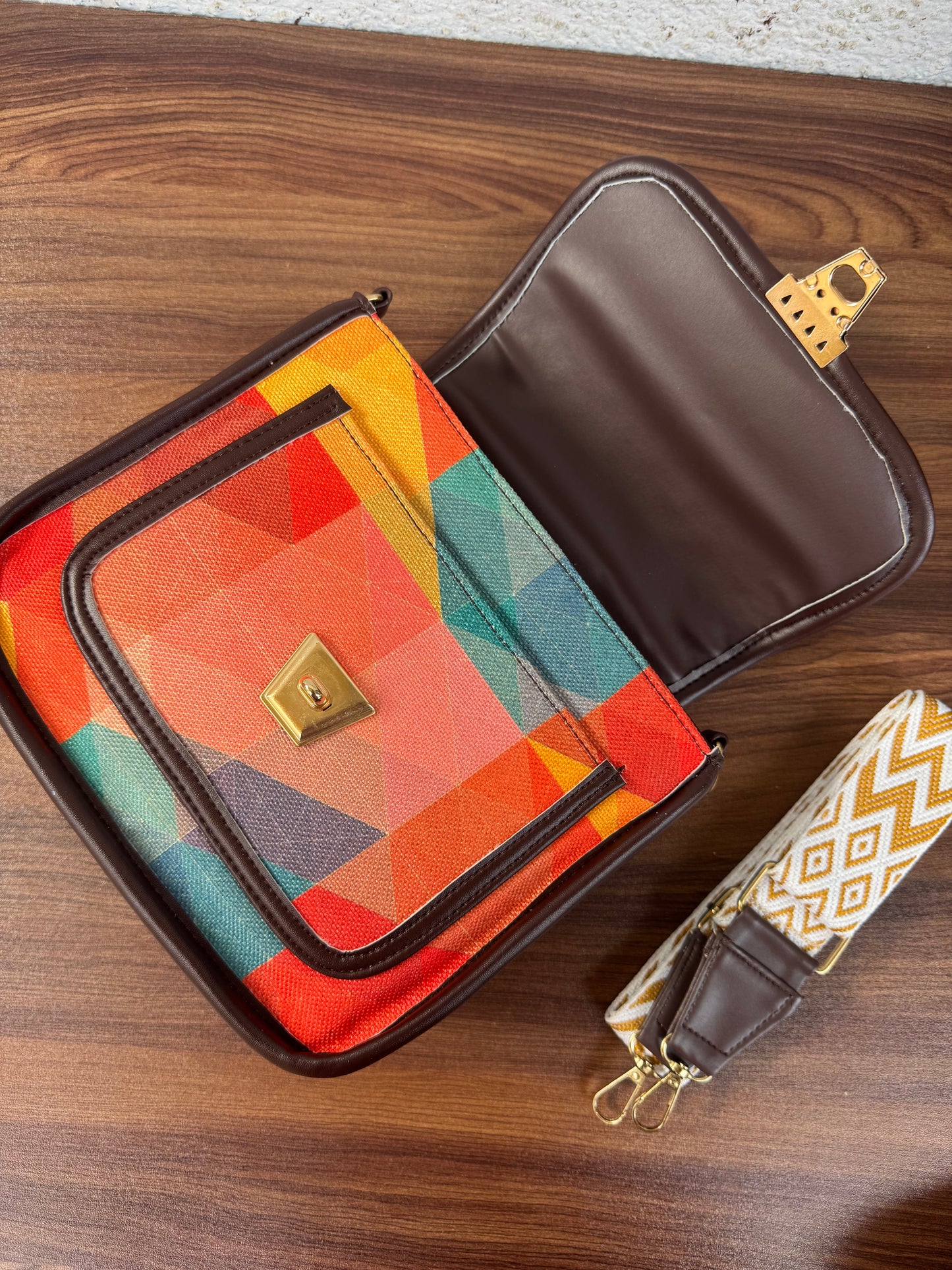 Feista - Orange Abstract - 4 Zips - pockets sling bag with Aztec Belt