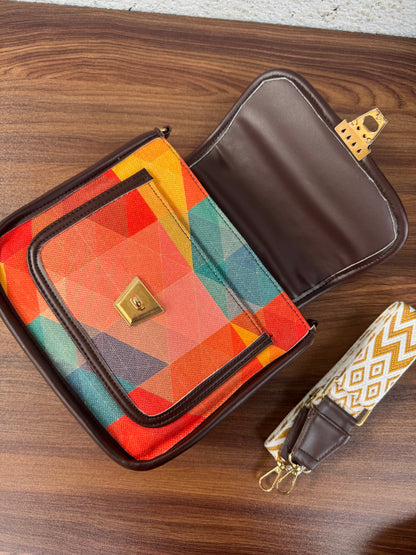 Feista - Orange Abstract - 4 Zips - pockets sling bag with Aztec Belt