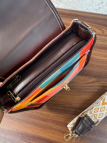 Feista - Orange Abstract - 4 Zips - pockets sling bag with Aztec Belt