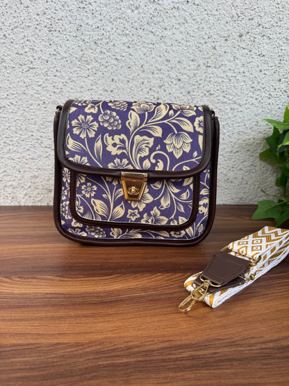 Feista - Purple Flower - 4 Zips - pockets sling bag with Aztec Belt