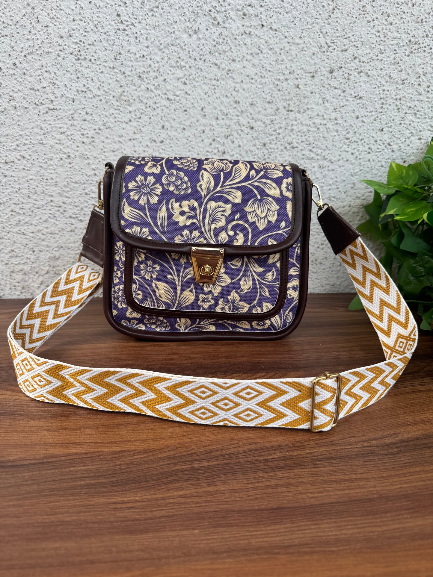 Feista - Purple Flower - 4 Zips - pockets sling bag with Aztec Belt