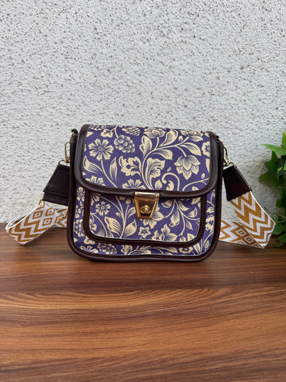 Feista - Purple Flower - 4 Zips - pockets sling bag with Aztec Belt