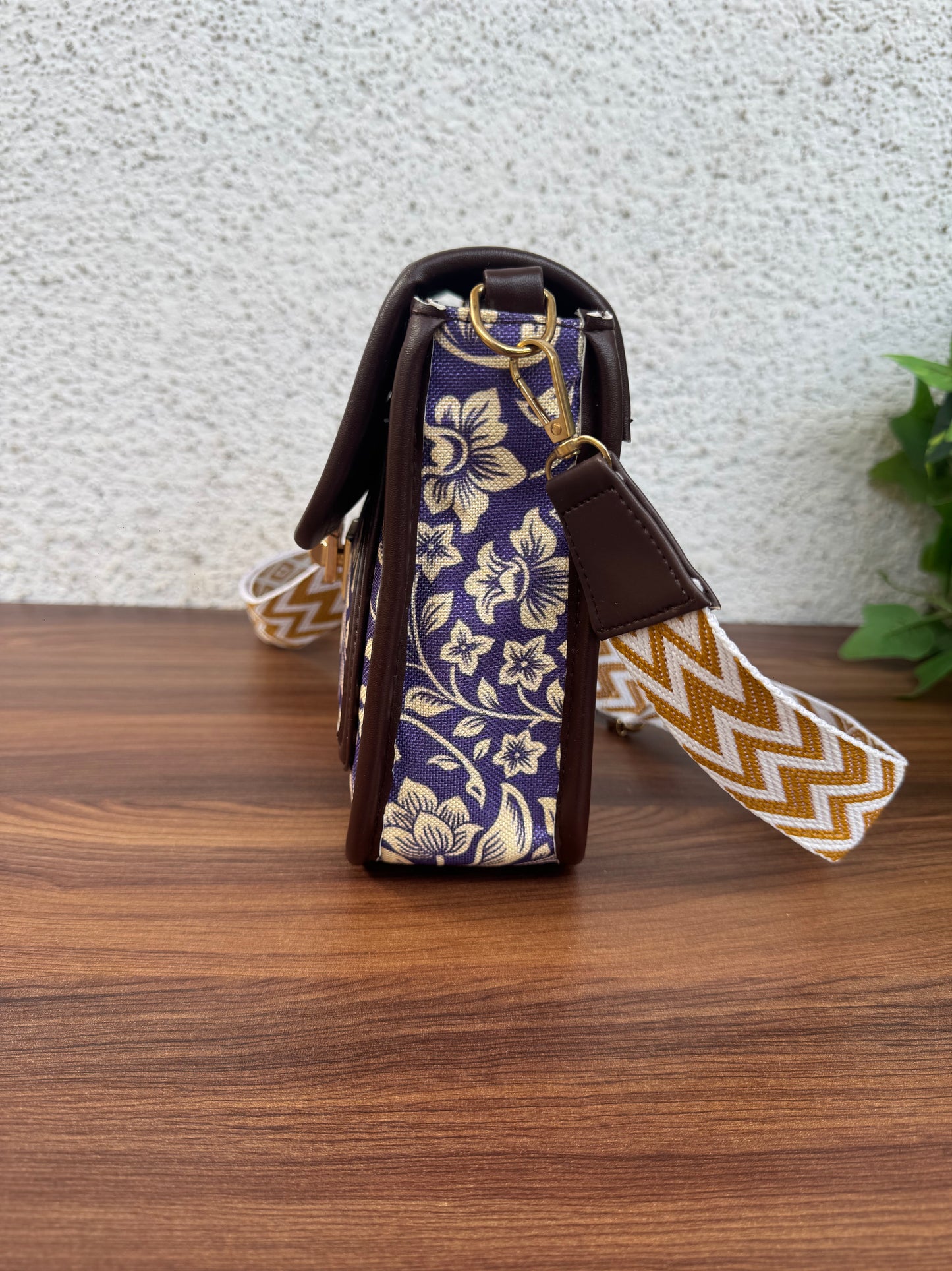 Feista - Purple Flower - 4 Zips - pockets sling bag with Aztec Belt