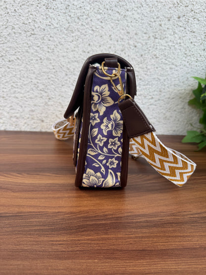 Feista - Purple Flower - 4 Zips - pockets sling bag with Aztec Belt