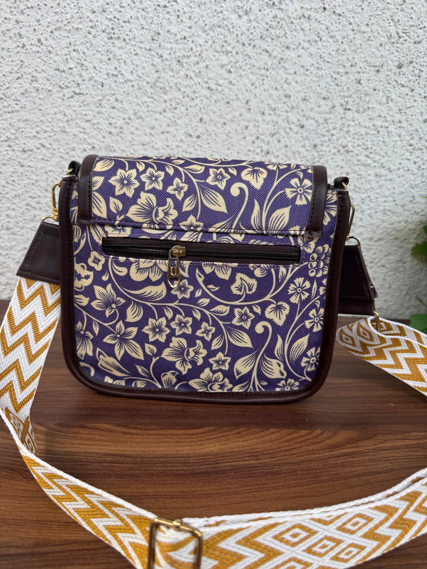 Feista - Purple Flower - 4 Zips - pockets sling bag with Aztec Belt