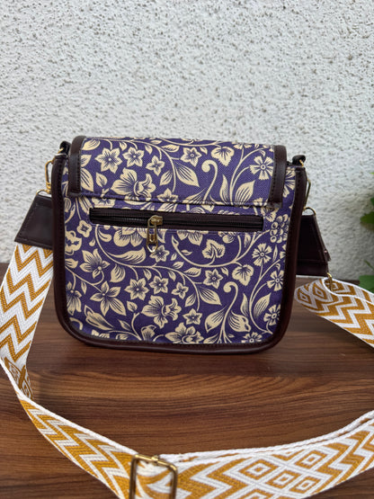 Feista - Purple Flower - 4 Zips - pockets sling bag with Aztec Belt