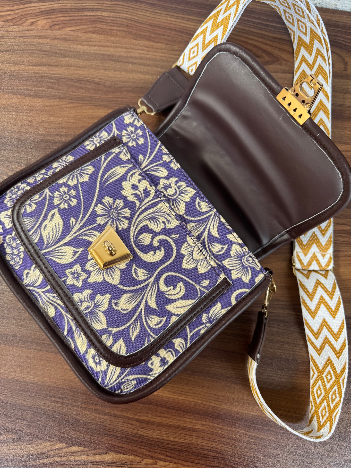 Feista - Purple Flower - 4 Zips - pockets sling bag with Aztec Belt