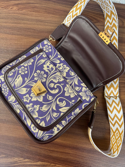 Feista - Purple Flower - 4 Zips - pockets sling bag with Aztec Belt