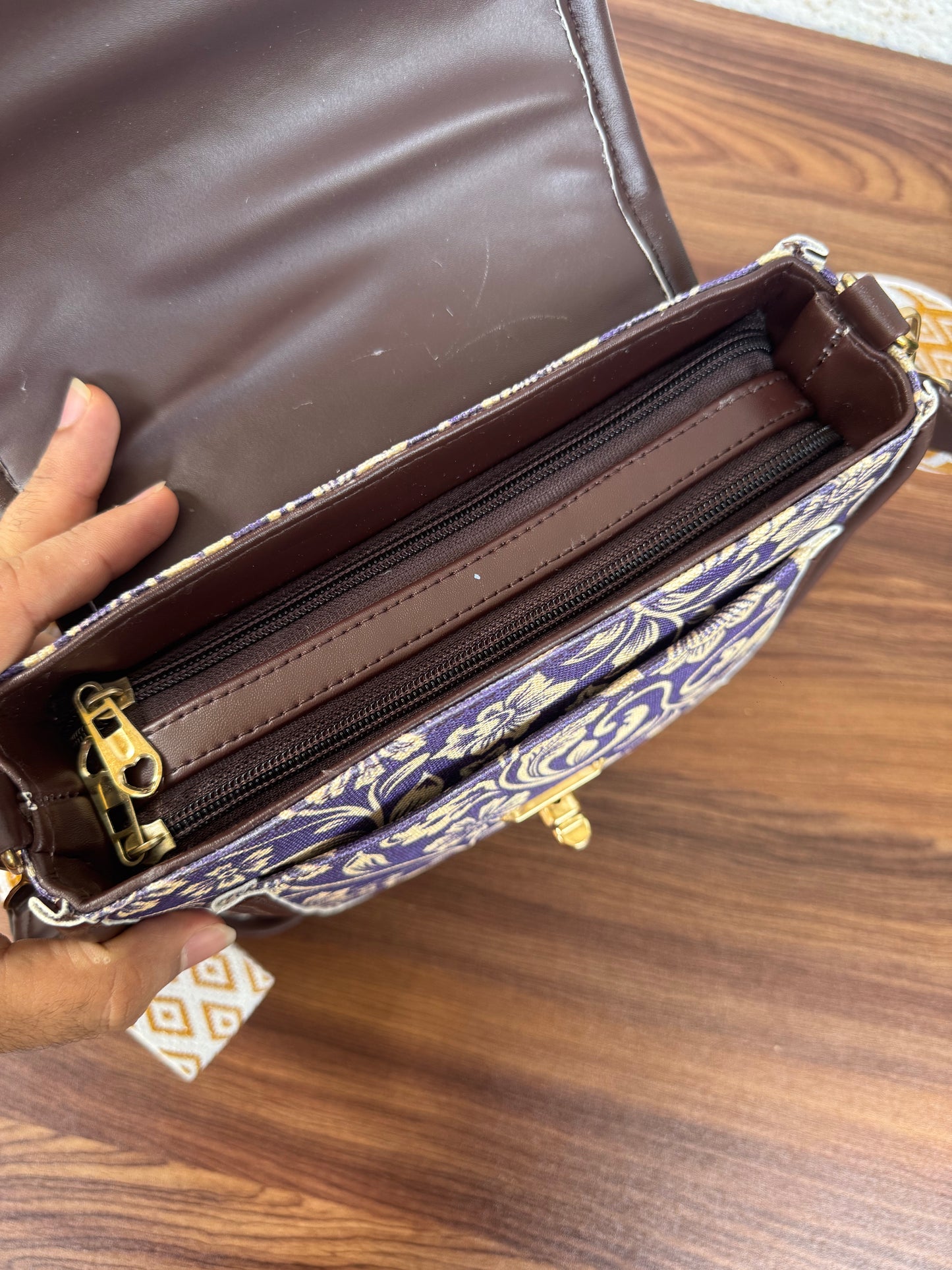 Feista - Purple Flower - 4 Zips - pockets sling bag with Aztec Belt