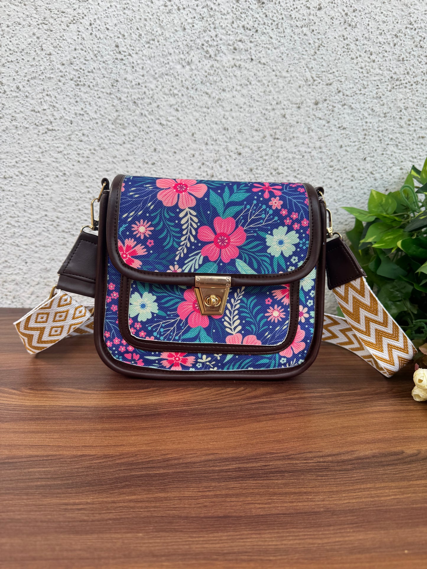 Feista - Blue Pink Flower - 4 Zips - pockets sling bag with Aztec Belt