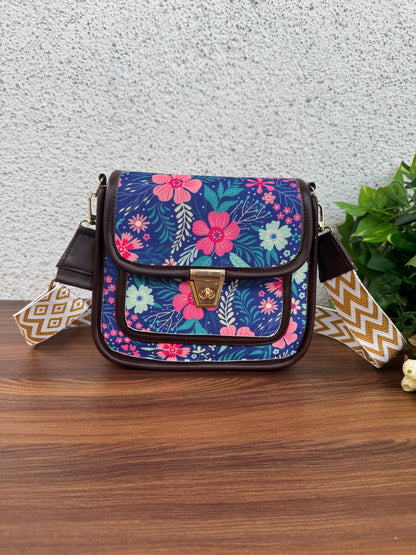 Feista - Blue Pink Flower - 4 Zips - pockets sling bag with Aztec Belt
