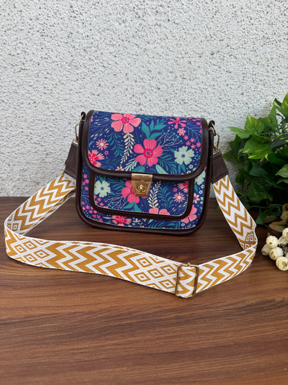 Feista - Blue Pink Flower - 4 Zips - pockets sling bag with Aztec Belt