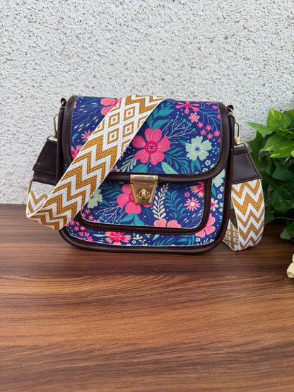 Feista - Blue Pink Flower - 4 Zips - pockets sling bag with Aztec Belt