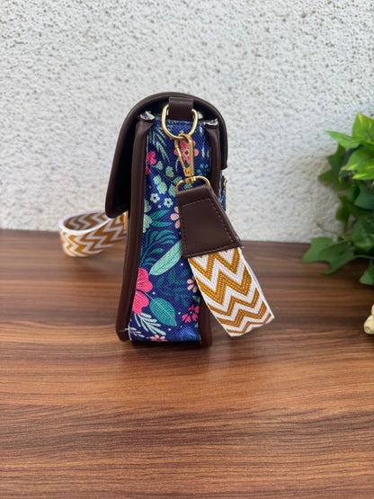 Feista - Blue Pink Flower - 4 Zips - pockets sling bag with Aztec Belt