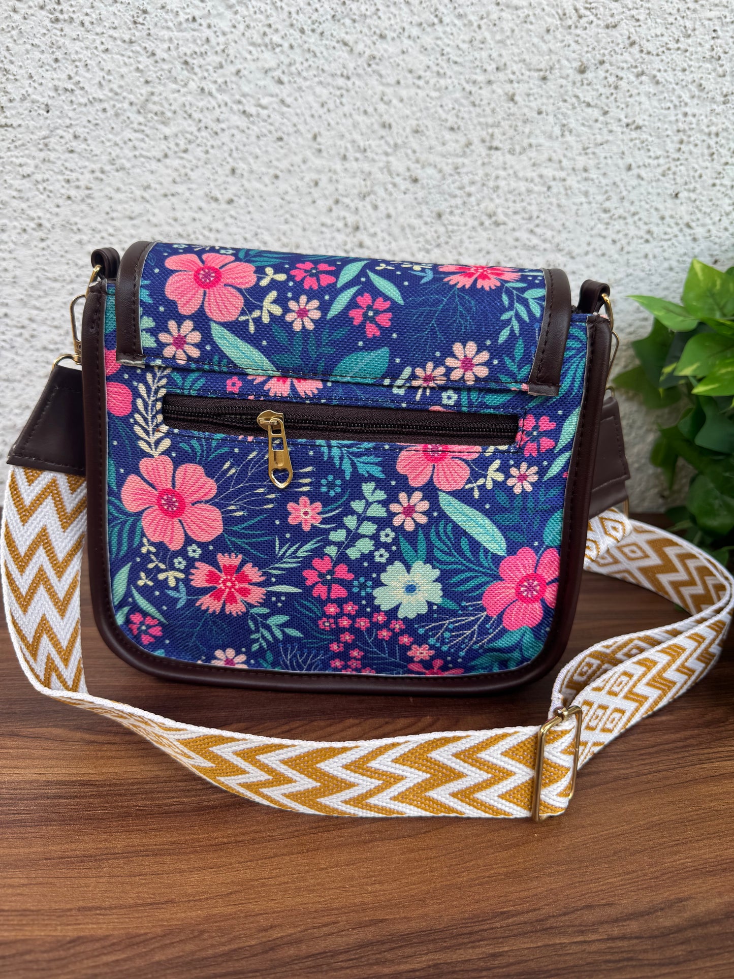 Feista - Blue Pink Flower - 4 Zips - pockets sling bag with Aztec Belt